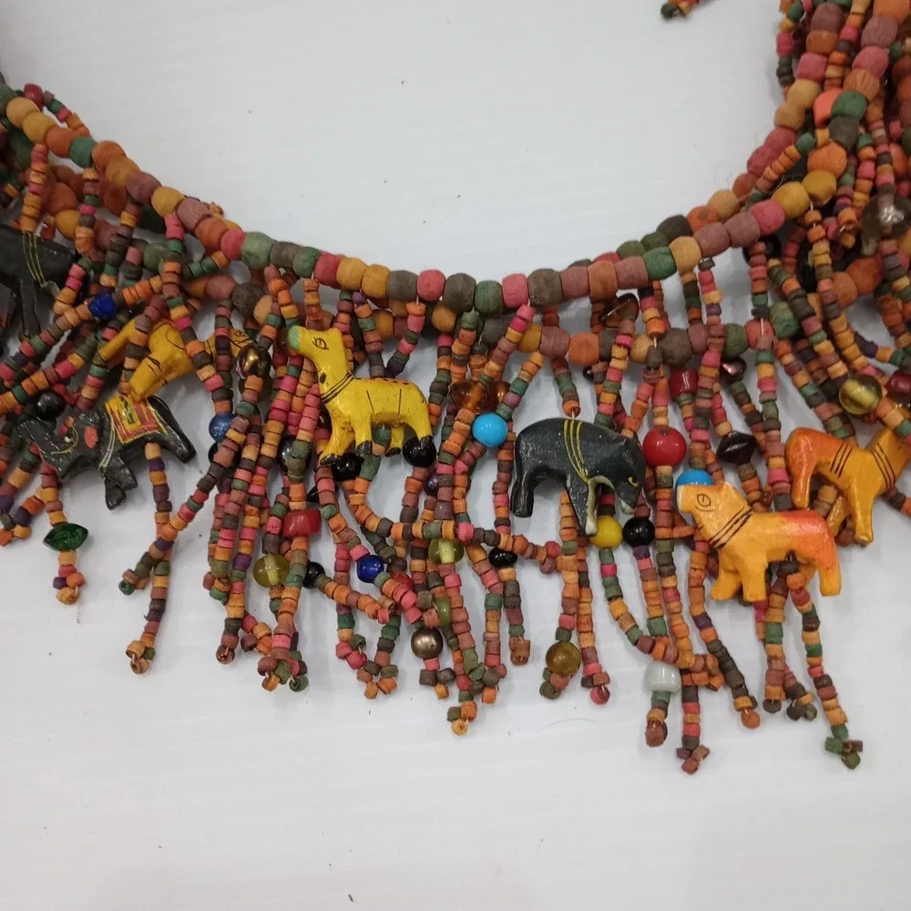 African Trade Bead Necklace Multi Strand Wood Animal Fringe Statement